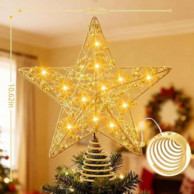Christmas Tree Topper 10-inch Gold Glitter Star Tree Topper with 20 LED Lights Christmas Tree Topper Star for Holiday Decorations.