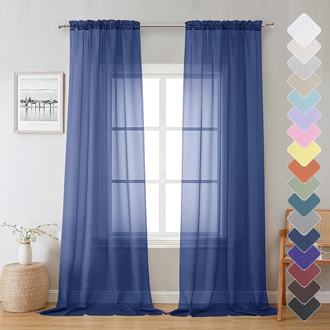 Lecloud Royal Blue Sheer Curtains 96 Inches Long 2 Panels, Farmhouse Voile Sheer Curtain for Windows, Soft Rod Pocket Transparent Curtains for Living Room Large Windows, Each Panel 42 X 96 Inch