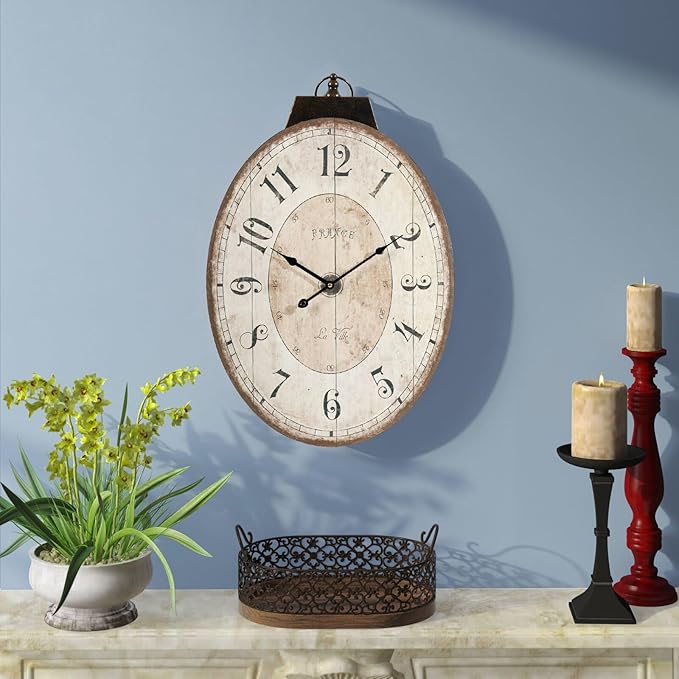 MODE HOME 29 Inch Oval Wall Clock for Living Room Decor, French Vintage Farmhouse Wall Clocks Decorative for Home, Large Wall Clock Battery Operated