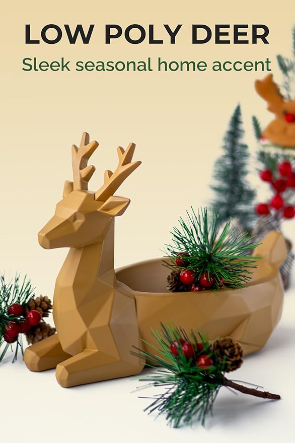 Low-Poly Deer Bowl, Christmas Decorations, Resin Reindeer Statue, Deer Candy Dish & Key Holder, Deer Desk Decor for Living Room, Entryway, Dining Table, Office, Shelves