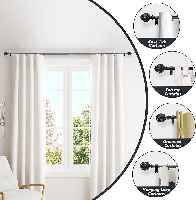 Curtain Rods for Windows 48 to 84 Inches 1 Inch Diameter Adjustable Drapery Rod Decorative Single Window Curtain Rods with Classic Finials,Black