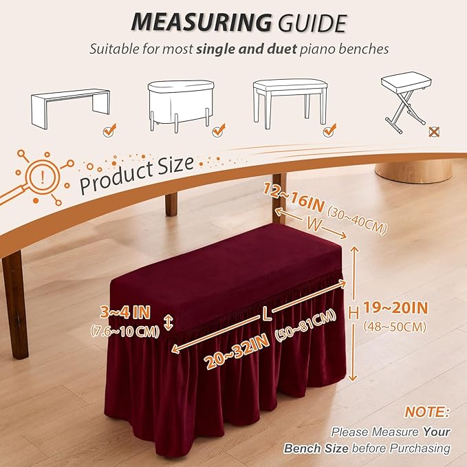 NICEEC Spandex Stretch Piano Bench Cover with Skirt Removable Ottoman Cover Rectangular Washable Stool Slipcover for Duet Piano Bench Seat Cushion Protector(Red)