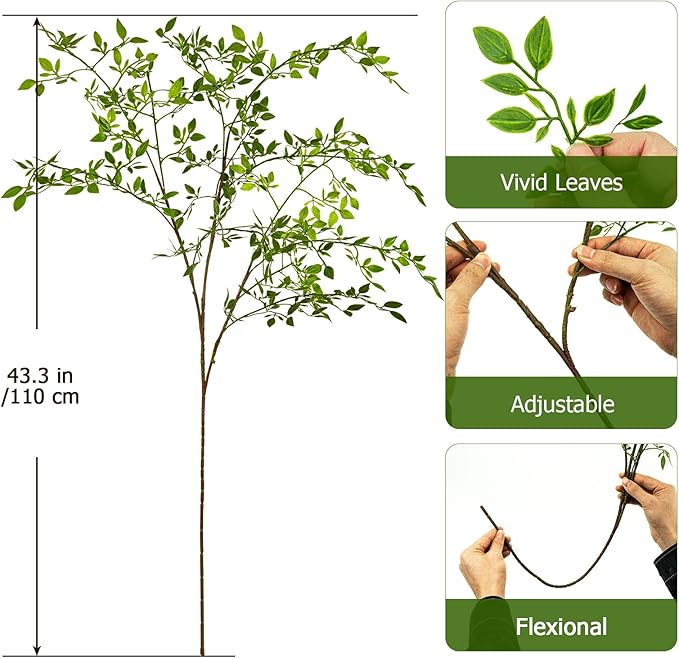 Artificial Greenery Stems, 43.3" Nandina Branches Tall Faux Plant Stems for Vase, Greenery Decor Stems Leaves Bunches for Shop Garden Office Home Décor(Green,2Pcs)