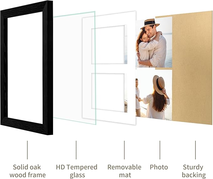 8x10 Picture Frame - 8 x 10 Photo Frame Made of Solid Oak Wood and Real Glass,Display Picture 2 Opening 4x6 with Mat or 8x10 Without Mat for Wall & Tabletop(Color Black)