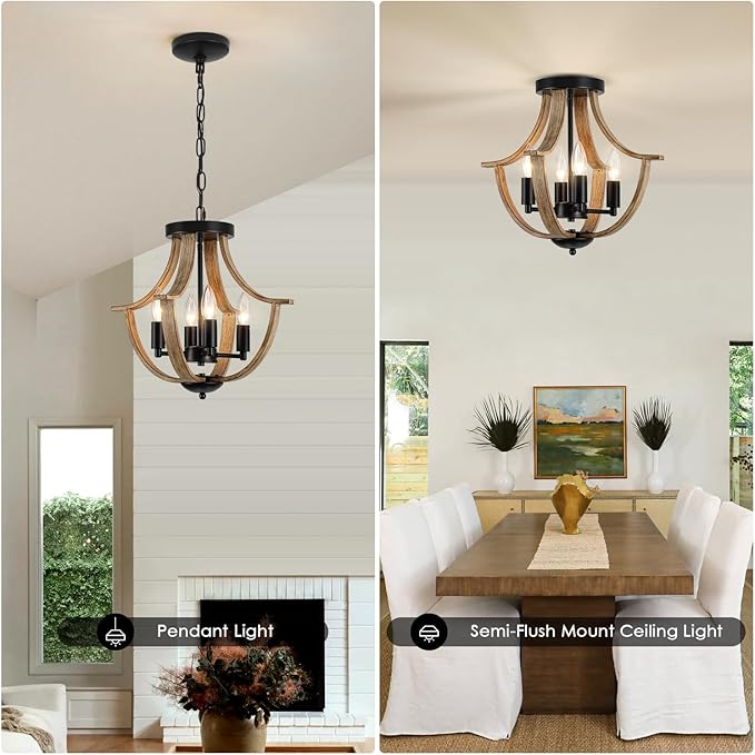 Farmhouse Hanging Pendant Lighting, 4-Light Rustic Flush Mount Ceiling Light Fixture,Modern Faux Wood Vintage Chandelier for Dining Room Kitchen Island Foyer Hallway Entryway Bedroom