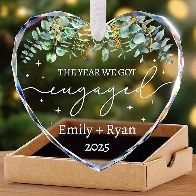 Engagement Ornament 2025 - Engagement Gifts for Couples - Personalized Engaged Ornament for Xmas Tree, Women, Fiance, Her - Bride to Be Gifts, Crystal Glass Engagement Christmas Ornaments