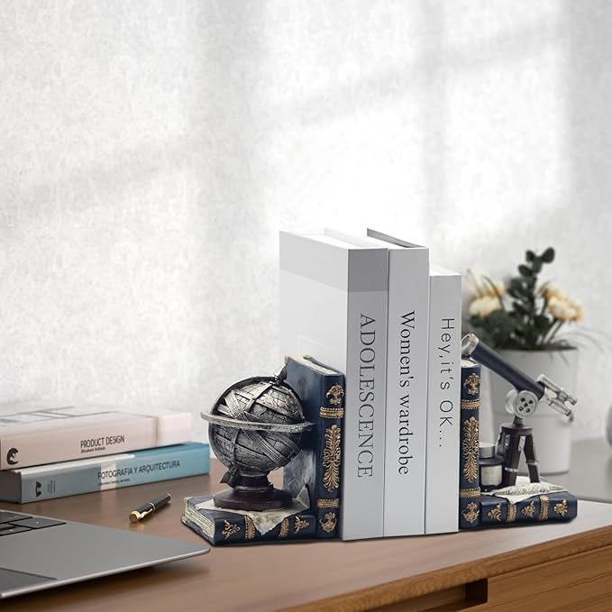 Vintage Decorative Bookends,Telescope and Armillary Spheres Space Decorative Bookends,Book Ends for Shelves for Study Room Bookstore Office Vintage Decor