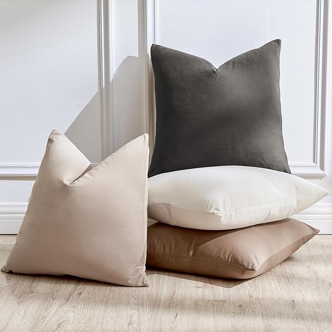 Throw Pillow Covers Set of 4 18x18 Inch Pillow Covers, Soft Velvet Neutral Beige Khaki Grey Pillowcases for Couch Sofa Bed Living Room, Home Boho Decor, Farmhouse Cushion Covers