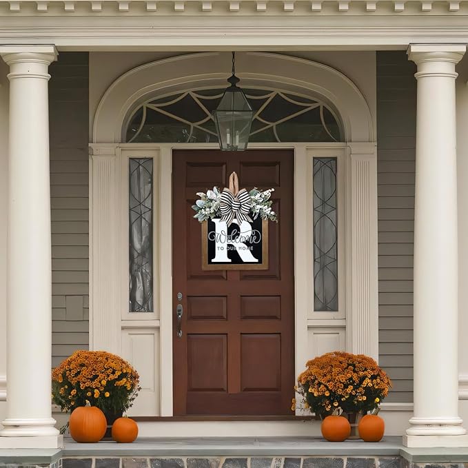 Ultra Large 14'' Last Name All Year Round Front Door Wreath with 26 Initial Letter Welcome Sign All Seasons Eucalyptus Garland and Bow Wreaths for Front Door Porch Farmhouse Decoration (R)