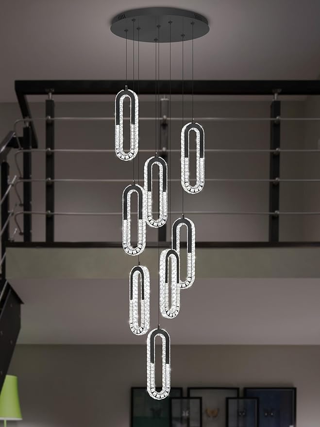 8 Rings Crystal Chandelier,H 118" Modern Black Pendant Light Luxury Foyer Lighting Fixture High Ceiling Chandelier for Entryway,Staircase,Living Room,Villa LED Dimmable 2700K-6000K
