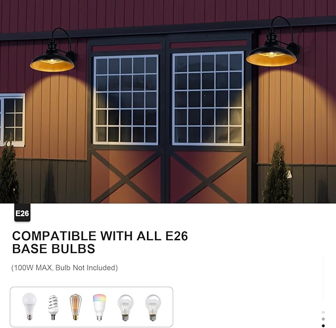 Outdoor Barn Light Fixtures, 16 Inch Large Dome Farmhouse Exterior Wall Mount Lights, Rustic Wall Sconces Indoor Wall Lighting, Industrial Black Gold Lanterns for Porch, Garage, 2 Pack