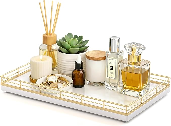Large Bathroom Vanity Tray – 13" x 8" Oak Decorative Wooden Tray for Bathroom Countertop & Vanity Organizer, Wood Tray for Perfume, Skincare & Accessories Storage, Vanity Dresser Decor Gold & White