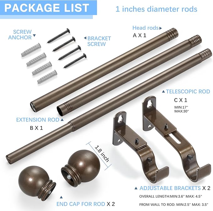 Curtain Rods for Windows 16 to 48 Inches, Curtain Rod Max Adjustable Length of 60 IN, 1" Diameter Drapery Rods Round Finials, Brown, Pack of 1