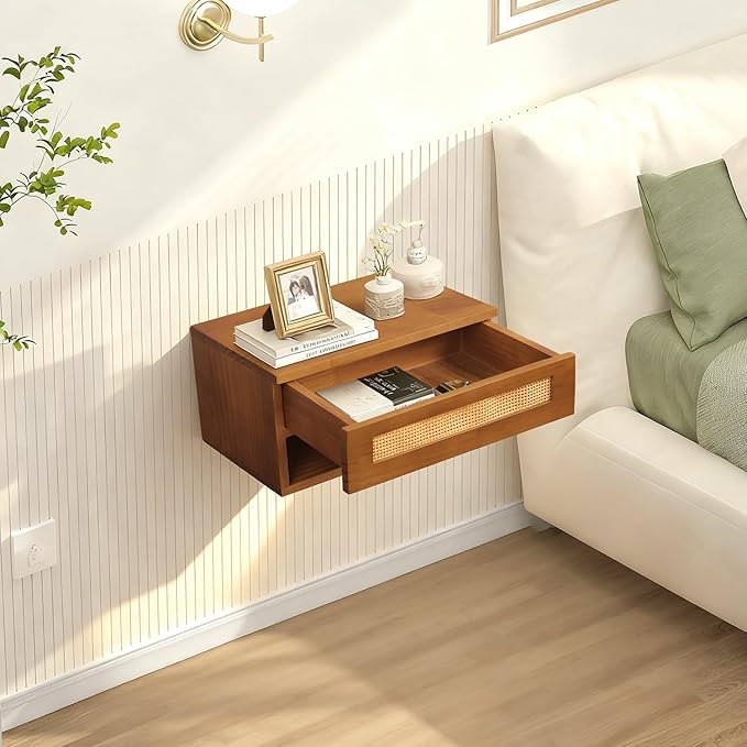 Floating Nightstand, Wall Mounted Rattan Bedside Bedroom Nightstand, with Storage Drawer and Modern Open Shelf Cubby, Minimalist and Unique Style 16”x 10”x 8” Brown