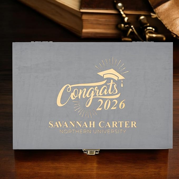 Personalized Graduation Keepsake Box 2026 Custom Engraved Wooden Memory Box High School College Graduates Cap and Gown Storage Boxes - Graduation Gifts for Him Her