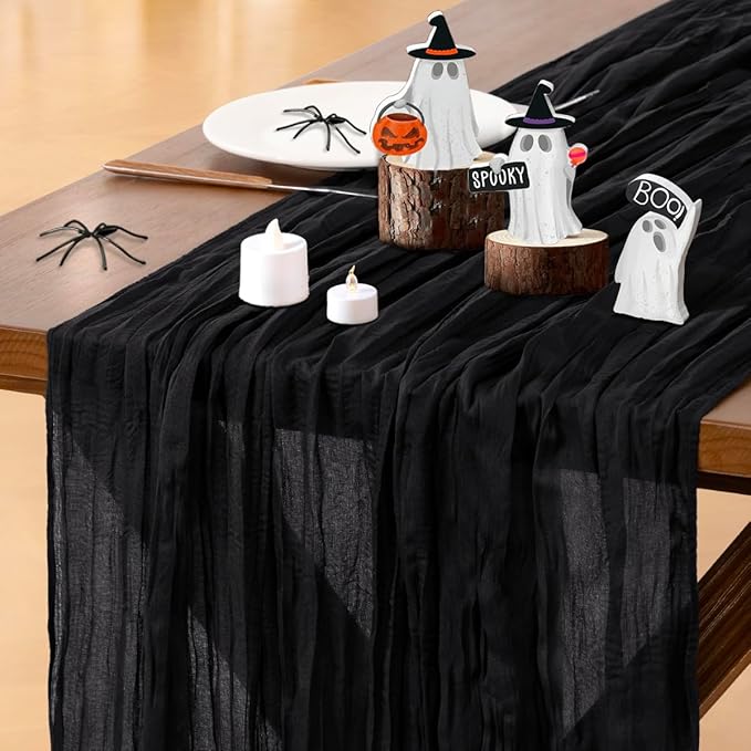 Socomi 10pcs Black Cheesecloth Table Runner Boho Rustic Gauze Valentine's Day 120 inch 10FT Cheese Cloth Runner for Wedding Party Baby Shower Birthday Home Decor Holiday Decorations