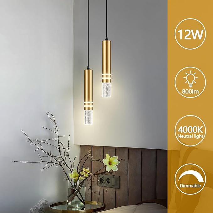 Pendant Lights Kitchen Island, Crystal Pendant Light Fixtures Mini 12W LED Modern Kitchen Pendant Lighting Over Sink and Living Room and Bedroom (Gold 2 Light)