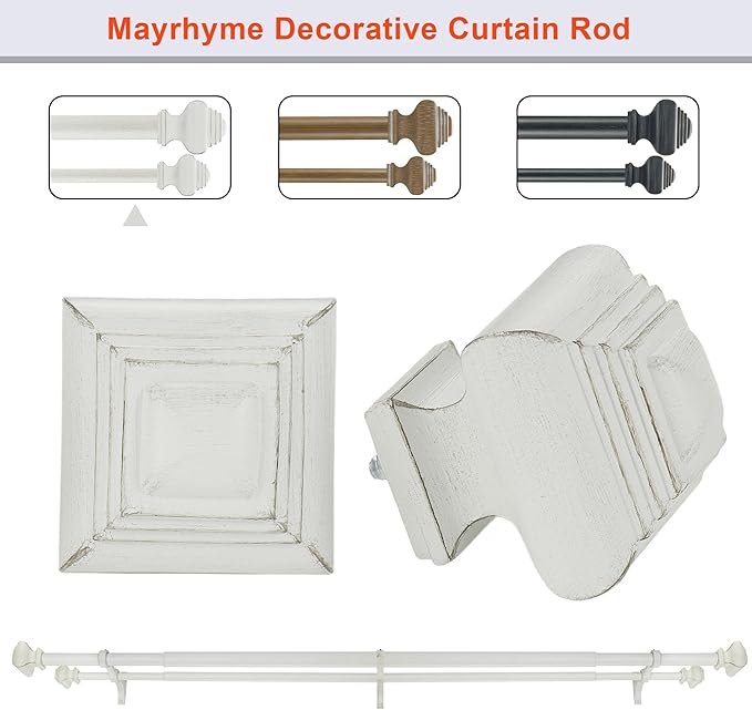 Double Curtain Rods for Windows 72 to 144 Inches, Heavy Duty Double Curtain Rod with Square Retro Finials and Double Aluminum Bracket, Adjustable Double Rod for Curtains,Antique White
