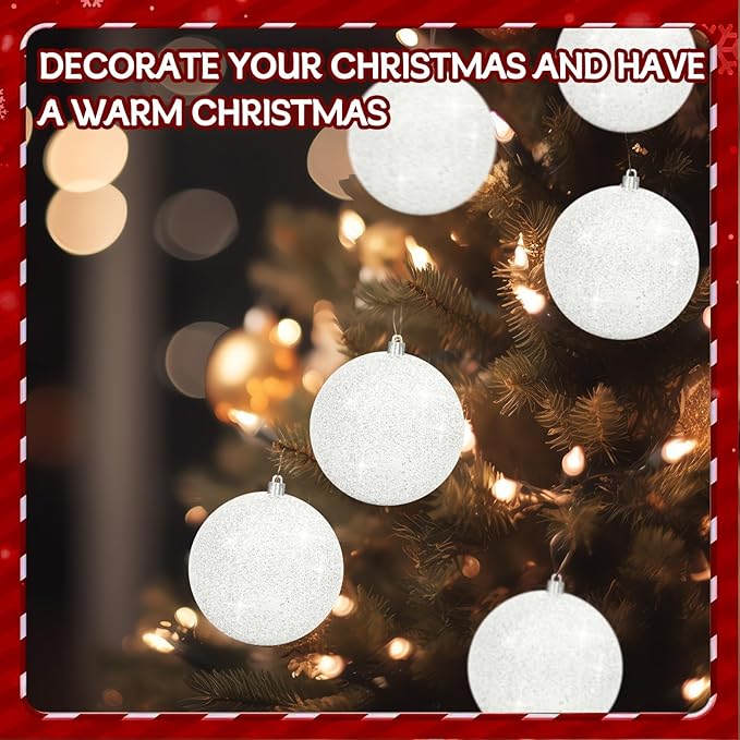 6Pack 4inch Large Christmas Balls Christmas Tree Decoration Ornaments Shatterproof Glitter Christmas Hanging Balls for Christmas Tree Party Indoor Outdoor Decoration (White, 4inch-6pcs)