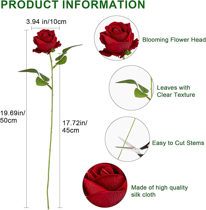 Artificial Flowers Roses Touch Fake Rose Bouquet Flower Stem for Wedding Centerpieces DIY Wreath Home Decorations Silk Roses Mothers Party Fake Outdoor Flowers Decor 19.6"(Red 100PCS)