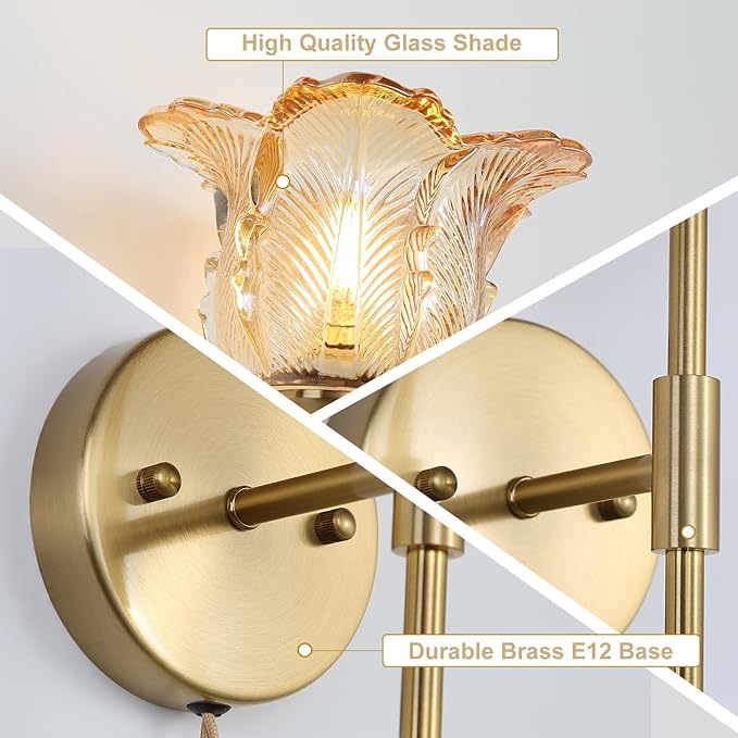 Plug in Gold Wall Sconce Set of 2 with Amber Glass Shades, Modern Mid Century Bathroom Vanity, Wall Light Fixtures, Brushed Brass Wall Lamp, for Bedroom Mirror Living Room, ETL Listed