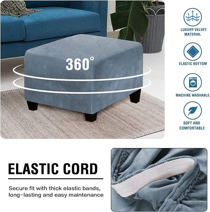 H.VERSAILTEX Square Ottoman Covers Ottoman Slipcover Square Footstool Protector Covers Storage Stool Ottoman Covers Stretch with Elastic Bottom, Feature Real Velvet Plush Fabric, Stone Blue