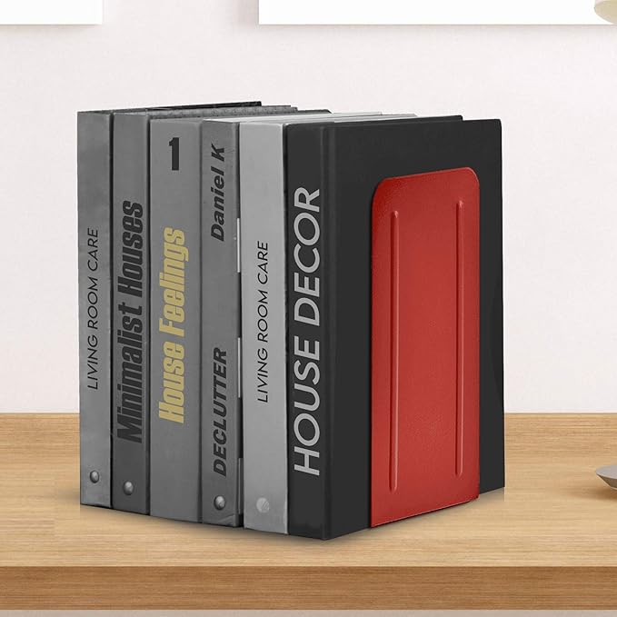 Acrimet Metal Bookends, Jumbo Size 9" H x 4" W x 4-1/2" D, Non-Skid Book Stand for Shelves, Heavy Duty Book Stopper, Red, 1 Pair