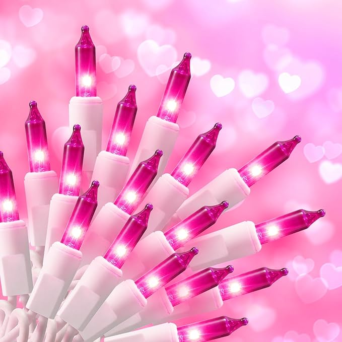 100 Count Pink Mini Christmas Lights String Plug in, 21ft Incandescent String Lights on White Cord, Pink Mini Xmas Lights for Christmas Tree Decorations Valentines Day Room Decor