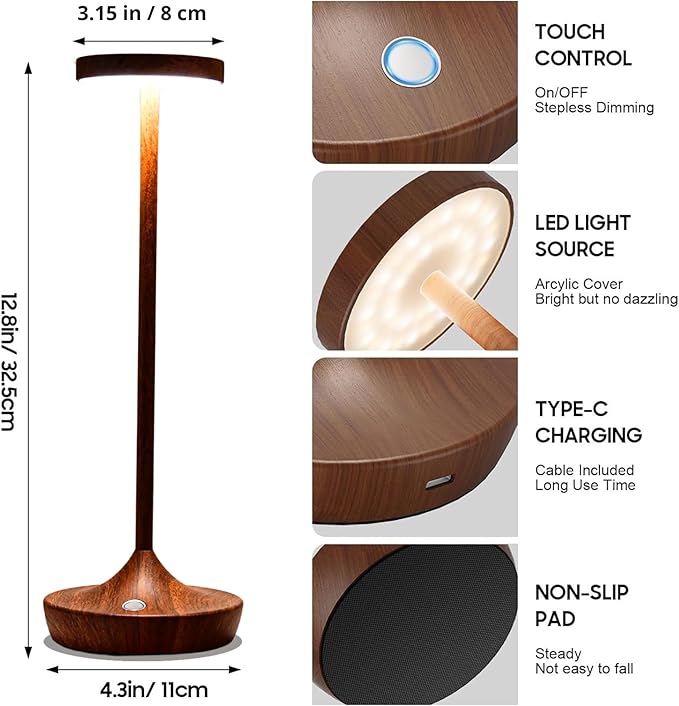 Cordless Table Lamp Rechargeable - 6000mAh LED Battery Operated Table Light - Portable Touch Dimmable Outdoor Waterproof Table Lamps for Patio Bar Restaurant Dining (2 Woodgrain)