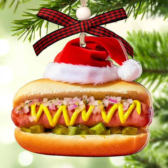 Hot Dog Christmas Ornaments - Funny Food Ornaments for Christmas Tree - Food Decorations Gifts for Lovers & Friends, Women, Men - Hanging Acrylic Ornament