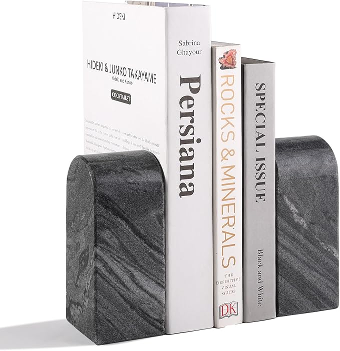 Koville African Natural Marble Bookends for Shelves, 7lbs Heavy-Duty Marble Book Holders, Decorative Book Ends, Bookshelf Apartment Decor for Normal Books/CD/Video Games