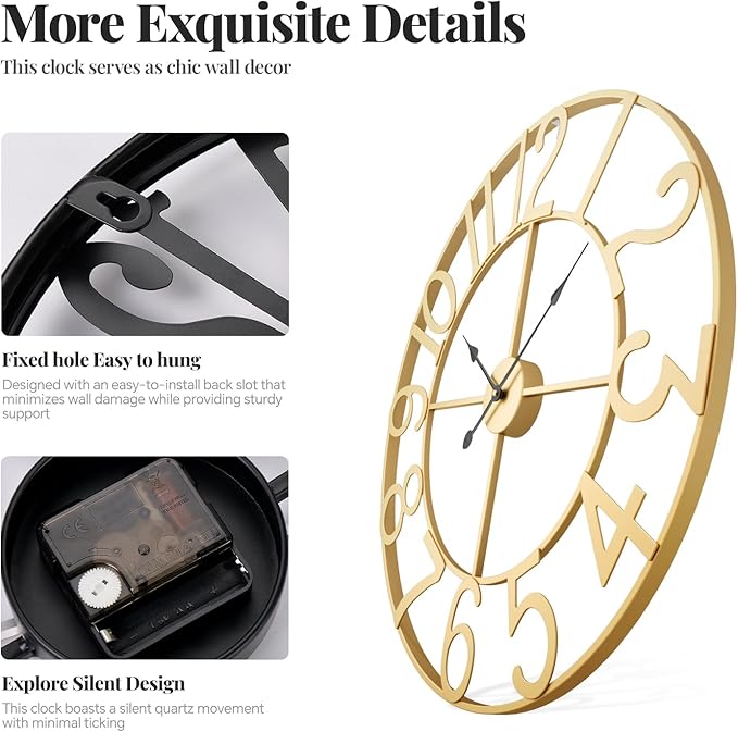 Extra Large Wall Clock 36 Inch Gold Wall Clock Battery Operated, Decorative Gold Clocks Silent Non Ticking for Living Room Kitchen Mantel Decor, Metal Round Modern Clock Arabic Numerals