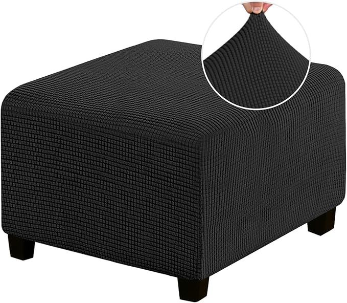 PrinceDeco Stretch Ottoman Cover Ottoman Slipcovers Square for Living Room Foot Stool Stretch Covers to Fit Ottoman Foot Rest, Thick Checked Jacquard Fabric with Elastic Bottom (Medium Size, Black)