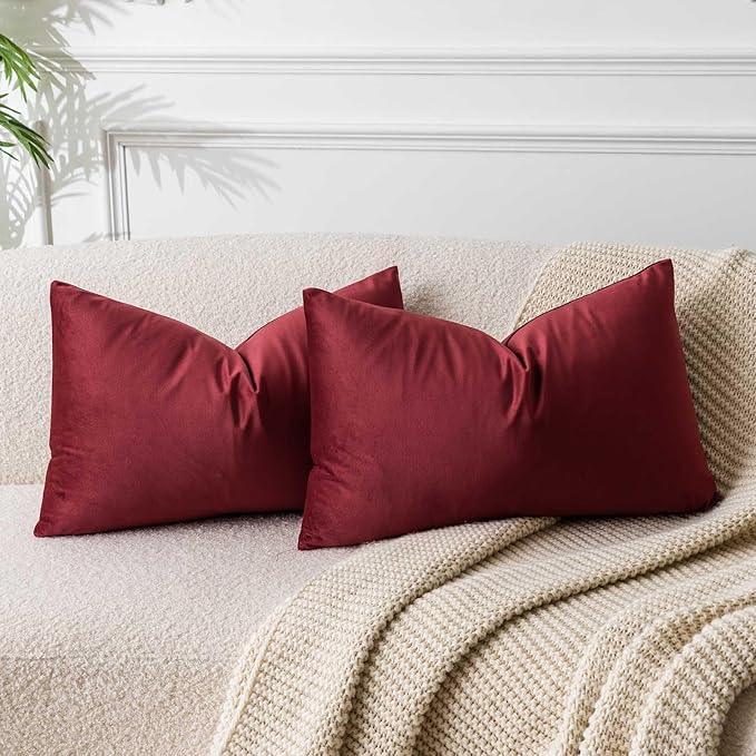 JUSPURBET Burgundy Decorative Velvet Throw Pillow Covers 16x24,Pack of 2 Luxury Soft Solid Cushion Cases for Sofa Couch Bed