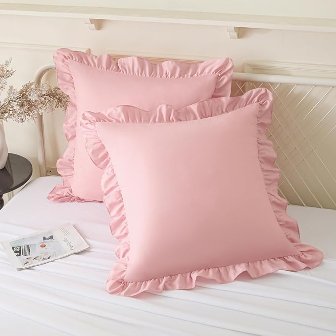 KKJIAF Ruffle Pillow Cases 26x26 Inches, Light Pink Square Ruffled Pillow Covers Set of 2, Microfiber Wrinkle Resistant Pillow Shams with Envelope Closure for Sofa Bed Living Room
