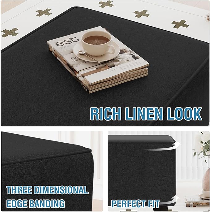 H.VERSAILTEX Square Ottoman Cover Fit Length 24"-25" Footrest Durable Linen Look Fabric Ottoman Slipcover Thick Soft Footrest Stool Covers for Square Ottoman Removable Washable - Heather Black