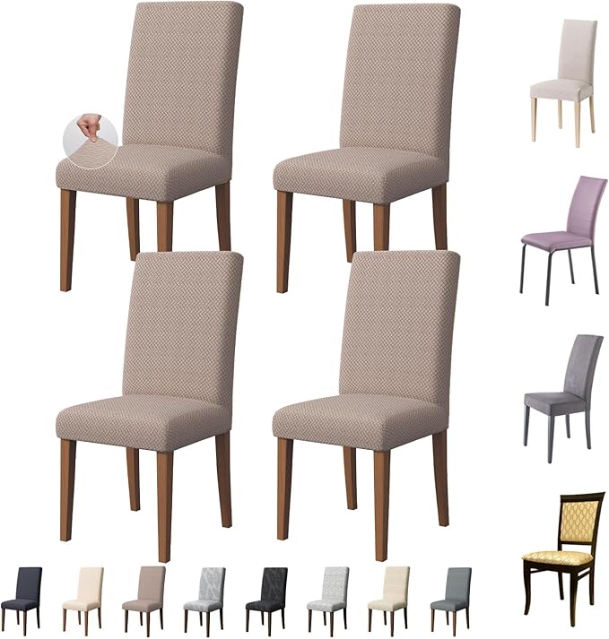 Chair Covers for Dining Room Set of 4, Washable Parson Chairs Slipcover Kitchen Seat Protector for Home, Party, Hotel, Banquet (Starlink Khaki)