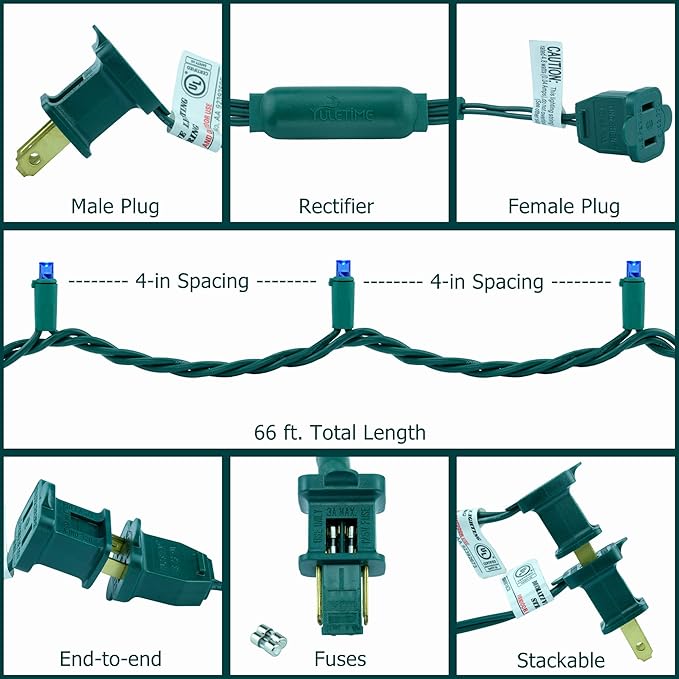 YULETIME 200 Blue Wide Angle LED Christmas Lights, 66 Feet Green Wire UL Certified 5mm Holiday String Light Set (Blue)