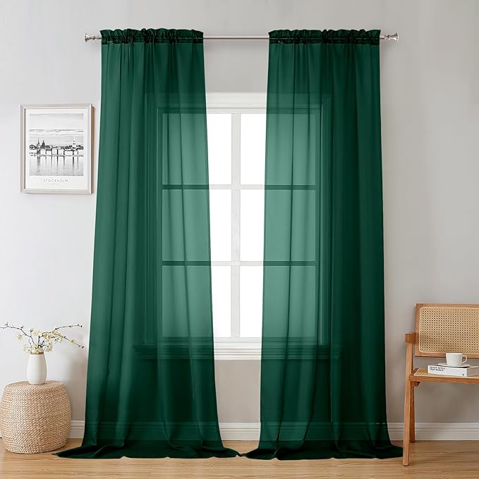 Lecloud Hunter Green Sheer Curtains 96 Inches Long 2 Panels, Airy Voile Solid Curtains, Gauzy Stylish Aesthetic Windows Decor Drapes with Rod Pocket for Bedroom Living Room, Each 42" W x 96" L