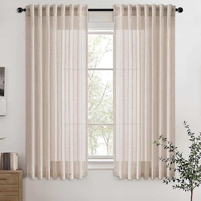 Beige Light Filtering Linen Curtains 54 Inch Length 2 Panel Set Back Tab Pocket Soft Semi Sheer Enhanced Privacy Short Window Drapes for Kitchen Cafe Farmhouse Elegant Home Decor