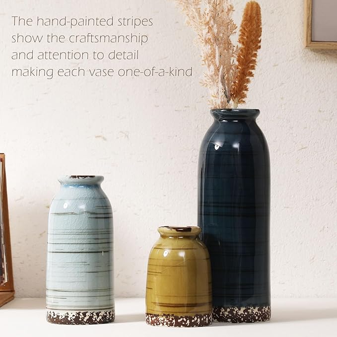 Ceramic Vase Set of 3 - Handcrafted Ceramic Vases for Home Decor & Shelf - Modern Farmhouse Decor for Kitchen, Office, Bedroom & Living Room Decorative Objects for Mantel, Table Centerpieces