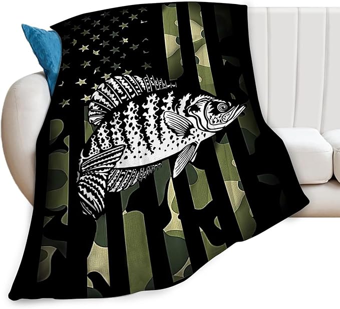 Fishing Blanket Camo American Flag Throw Blankets Plush Cozy Flannel Fleece Ultra Soft Fuzzy Fish Blanket Gifts for Girls Women Men Boys Kids Bed 50"X40"
