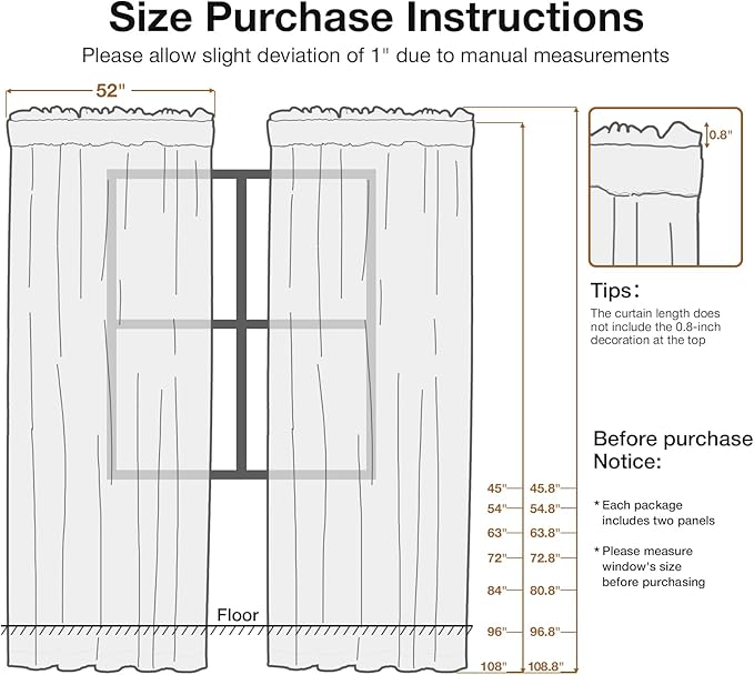 White Sheer Curtains 63 inch Length – Vintage Boho Sheer Curtains for Bedroom/Living Room, Light Filtering Drapes with Lace Trim, Rod Pocket Privacy Chic Window Treatments, 52W x 63L, 2 Panels