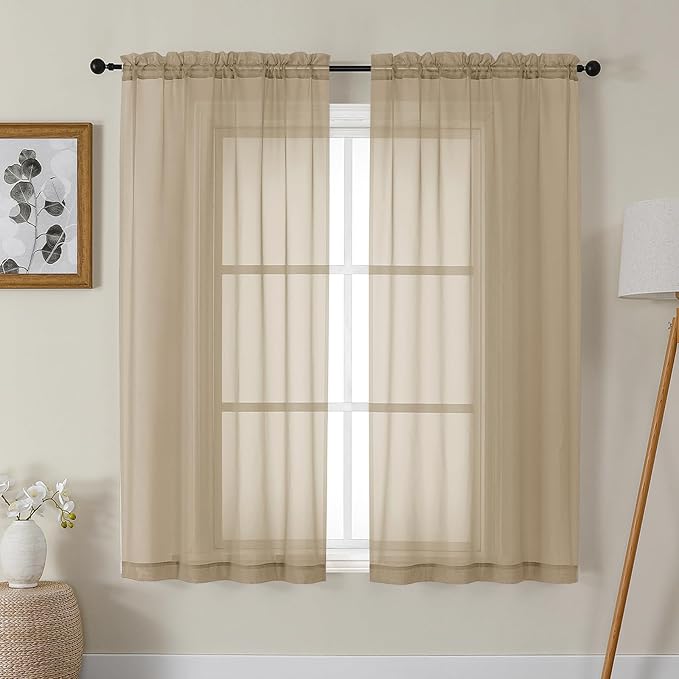 Gwine Taupe Sheer Curtains 63 Inch Length for Living Room 2 Panels, Light Filtering Rod Pocket Window Curtain Treatment for Bedroom, Voile Elegant Sheer Drapes，Each 42" Wx63 L, Taupe
