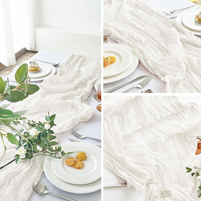 IVAPUPU 1 Pcs Cheesecloth Table Runner - 10ft Ivory White Boho Gauze Cheese Cloth Table Runners for Baby Shower Decoration Wedding Party Summer Garden Farmhouse