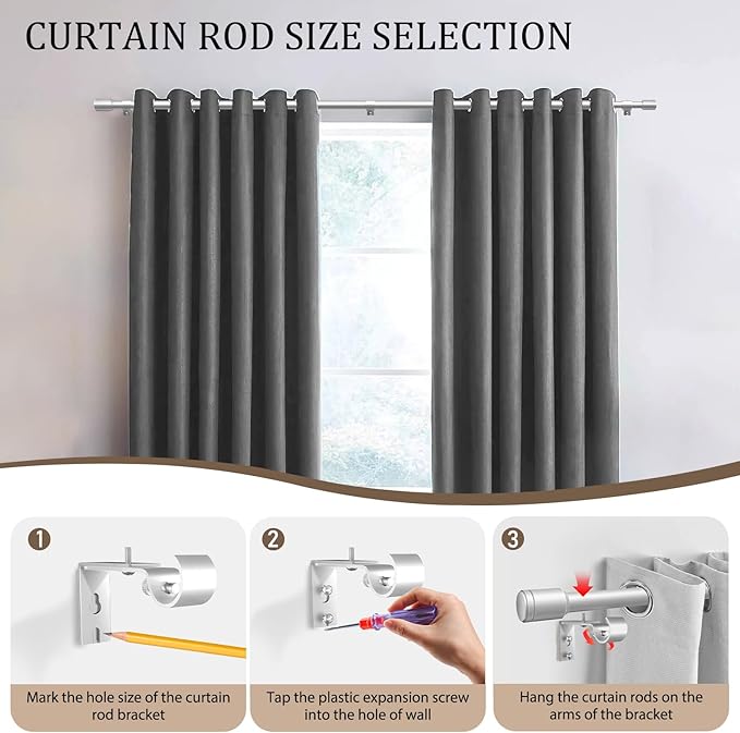 1” Diameter Silver Curtain Rods for Windows, 1 Pack 30-90 Inch Heavy Duty Window Rods, Long Adjustable Curtain Rod, Fits Most Standard Windows, Suitable for Bedroom, Living Room, Farmhouse