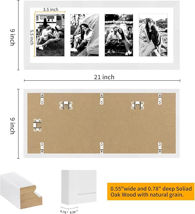 8x20 Oak Wood Picture Frame - 8x20 Photo Frame with Mat Display 4Pcs 4x6 Photos, 4x6 Picture Frame Wood, Natural Solid Wooden Picture Frames for Wall Art Photo and Prints(1 Pack, White)