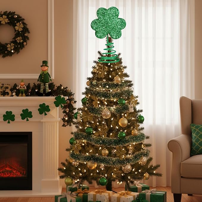 2 Pcs Valentine's Day Heart St Patrick's Day Mini Glitter Tree Topper, Romantic Heart Shamrock Metal Glitter Ornament Decorations for Valentines St Patrick's Irish Holiday Party