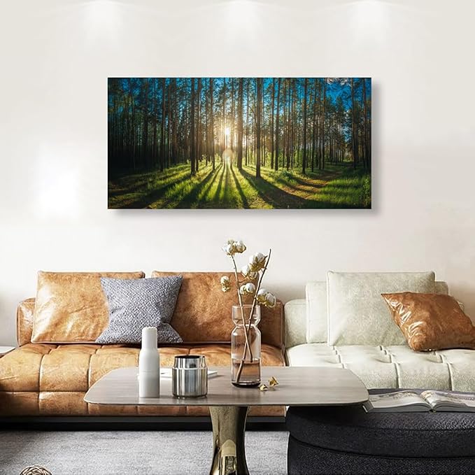 Sunrise Forest Pictures Canvas Wall Art for Living room Office Bedroom Wall Decor,Forest Wall Art Print Paintings Modern Green Nature Landscape Artwork Waterproof Ready to Hang-24x48 inch