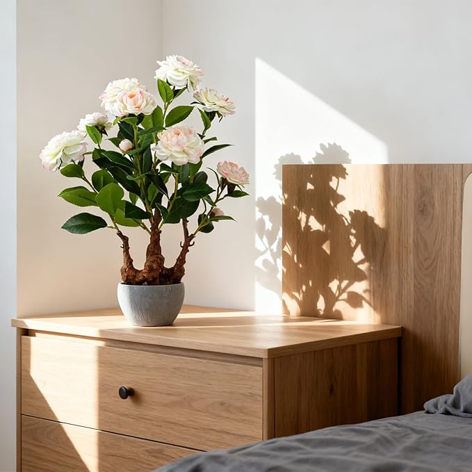 TOARTi Artificial Camellia Potted Plant with Stone Pot, 20.5" Tall Fake Potted Flowers Faux Plants Desk Plant, Realistic Decorative Plants Indoor Decor for for Home Bedroom Bathroom Office Desk